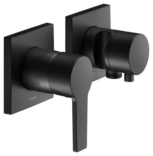 Schwarze Wandarmatur mit zwei Bedienknöpfen und einer Schlauchanschlussmöglichkeit. Produkt von Keuco, geeignet für Badezimmerinstallationen.